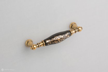 New Deco мебельная ручка-скоба 96 мм состаренное золото и черная керамика с орнаментом