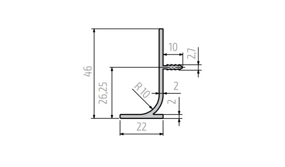 Вертикальный профиль 901009 для фасадов без ручек (46х22 мм), серебро, 3 м.